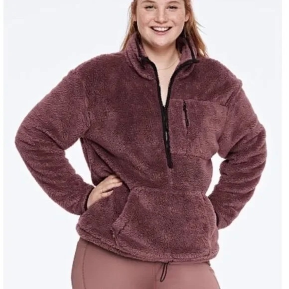 VS PINK Espresso Mauve Sherpa Oversized Teddy Bear Pullover Sweater Jacket XS